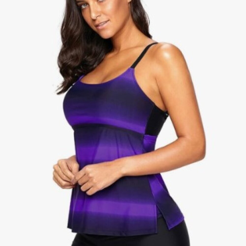 New Ombre Purple Colorblock Strappy Tankini Top (Fits Like Women's Medium)